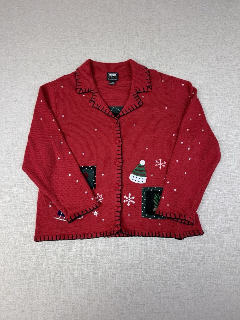 Studio Fa La La Christmas Sweater Womens 2X Red Snowman Cardigan Ugly Holiday